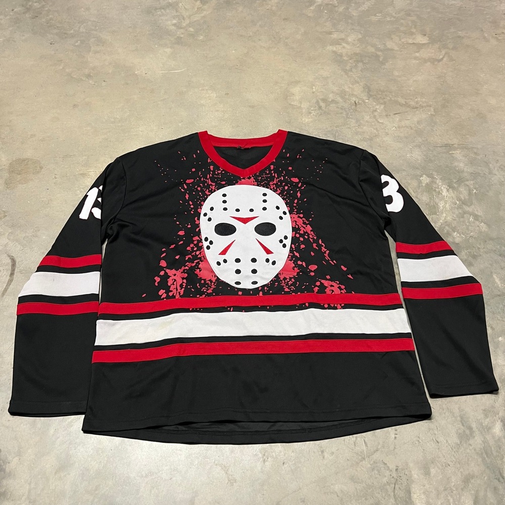 Friday the 13th Jason Voorhees Hockey Jersey Black Red 13 Horror Halloween XL